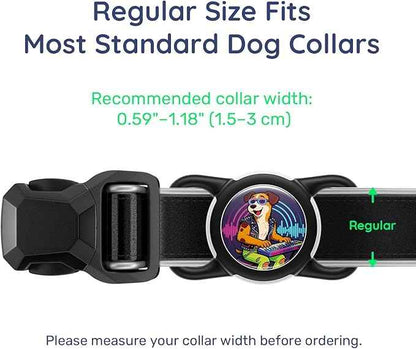 Dog AirTag Holder for Dog Collar, Soft Silicone Slide-On Case for Apple AirTag, No-Dangle Quiet Protective Holder with Eye-Catching Pet Character Designs, Party DJ