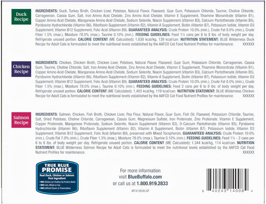 Blue Buffalo Wilderness High Protein, Natural Adult Pate Wet Cat Food Variety Pack, Chicken, Salmon, Duck 3-oz cans (24 Count- 8 of Each Flavor)