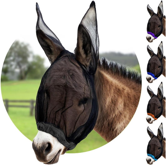 Donkey Fly Mask with Long Ears (Black) Made in USA - Mule Fly Mask with Ears Protection from Insects and Bugs, Mini Donkey Soft Mesh Fabric with Adjustable Fastener, Face Cover Supplies for Donkeys
