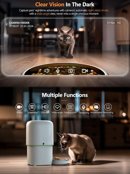 Automatic Cat Feeder with Camera - 5G WiFi Auto Cat Food Dispenser, 1080P HD Video with Night Vision, 1-15 Meals, 1-99 Portions, 2-Way Audio, Keeps Food Fresh, 4L Timed Pet Feeder Also for Dogs