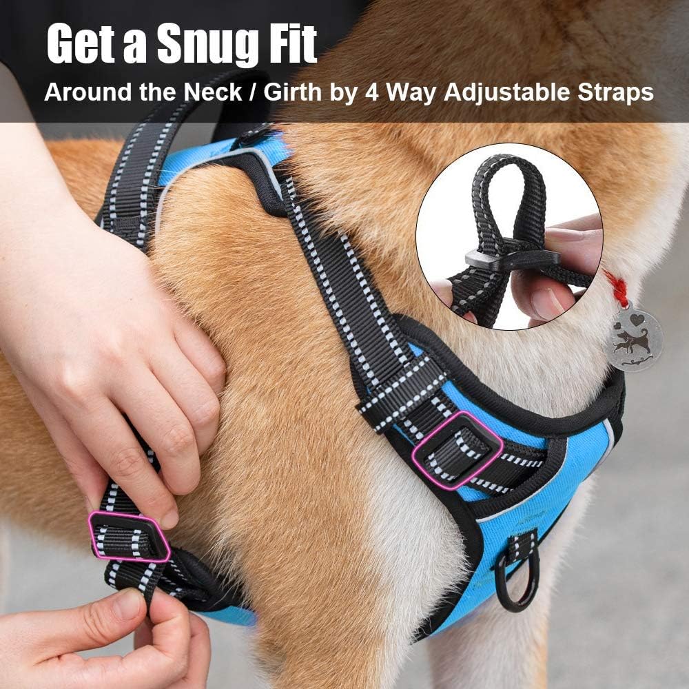 PoyPet No Pull Dog Harness, Reflective Comfortable Vest Harness with Front & Back 2 Leash Attachments and Easy Control Handle Adjustable Soft Padded Pet Vest for Small to Large Dogs (Blue,L)