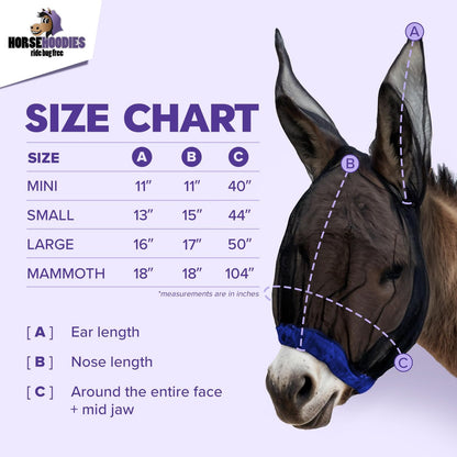 Donkey Fly Mask with Long Ears (Blue) Made in USA - Mule Fly Mask with Ears Protection from Insects and Bugs, Mini Donkey Soft Mesh Fabric with Adjustable Fastener, Face Cover Supplies for Donkeys