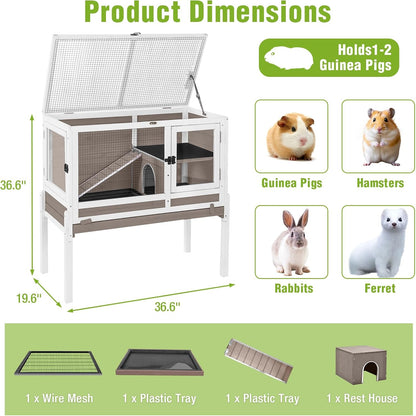 GUTINNEEN Indoor Rabbit Hutch Guinea Pig Cages with Chew-Proof Ramp, 2-Story Wooden Bunny House with Pull-Out Tray & Leakproof PVC Layer, Small Animal Cage with Detachable Legs