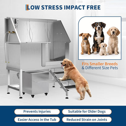50" Stainless Steel Professional Dog Washing Station - Pet Bathing Tub w/Non-Slip Stairs & Storage Shelf | Slip-Resistant Floor Grate | for Large/Medium/Small Dogs