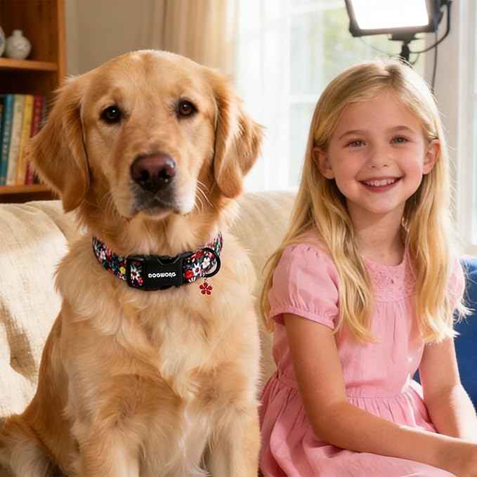 DOGWONG Floral Dog Collar- Cute Spring Wildflowers Dog Collars with Plastic Buckle, Light Adjustable Girl Female Dog Collars for Small Medium Dogs,M