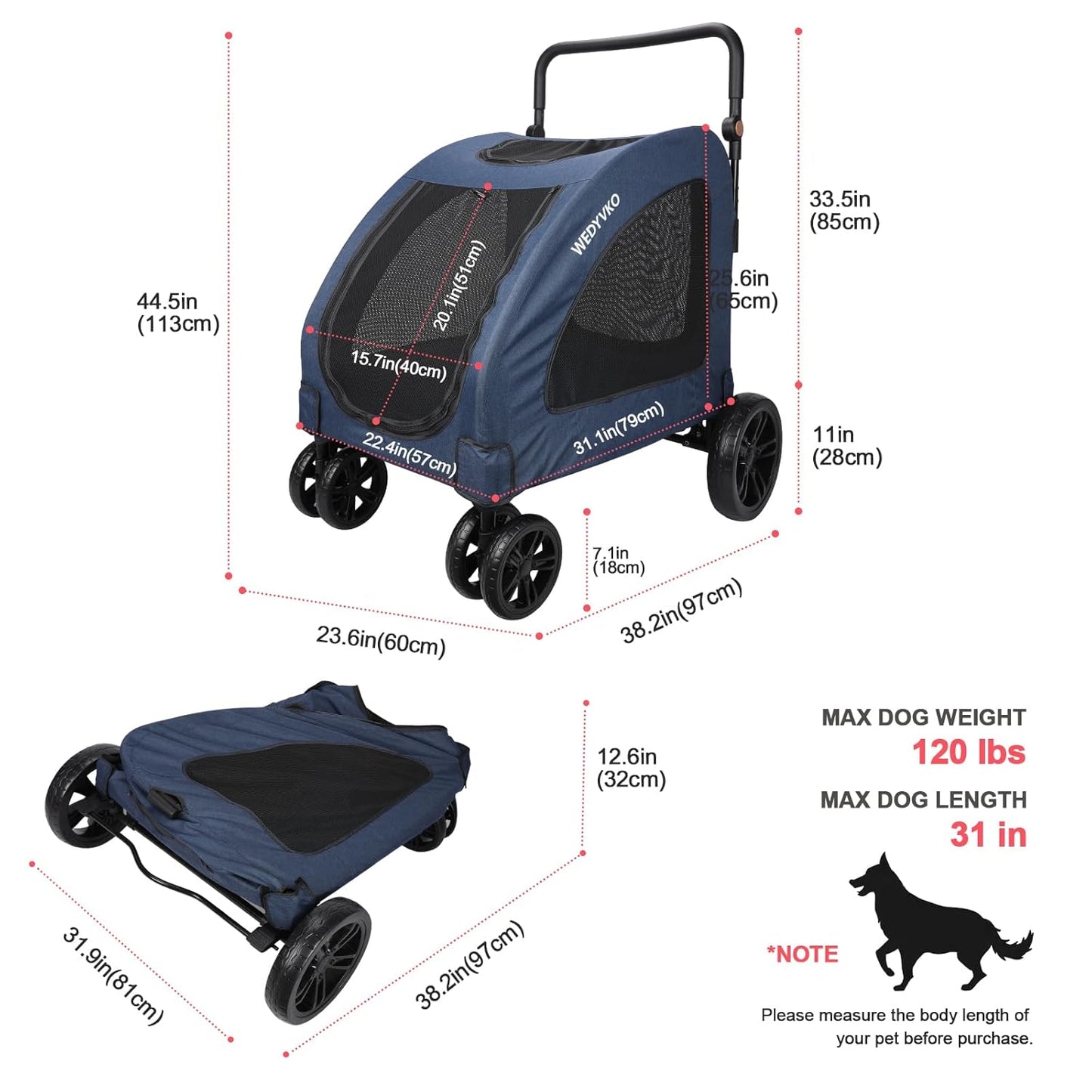 Large Dog Travel Stroller with 4 Heavy Duty Wheels Pet Stroller with Adjustable Handle - Double Doggie Capacity Jogger Wagon with Back Front Door for Small Medium Large Dogs (Navy) - Pawvie