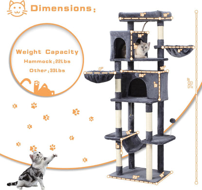 70-Inch Cat Tree,Large Cat Tree Tower with Hammock, Scratching Post, Condo and Multi-Level Cat Tower for Large Cats, Cat Activity Center Playhouse, Dark Gray LCT016