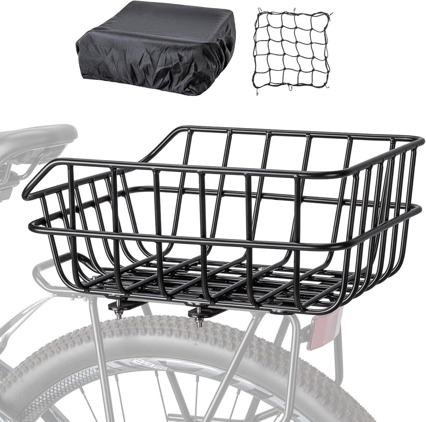 CXWXC Rear Bike Basket - Bicycle Rear Basket with Cargo Net and Waterproof Cover - Rear Mount Aluminium Bike Basket Large Capacity - Pawvie