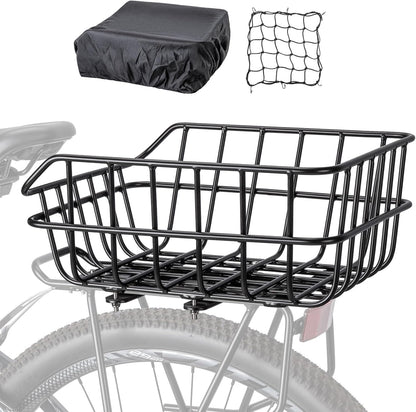 CXWXC Rear Bike Basket - Bicycle Rear Basket with Cargo Net and Waterproof Cover - Rear Mount Aluminium Bike Basket Large Capacity - Pawvie