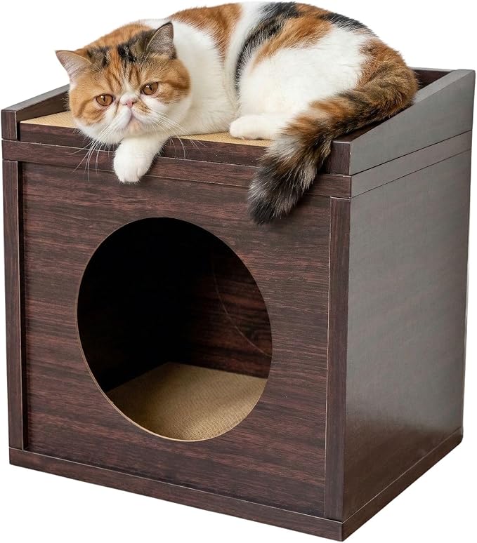 Meowdium Cat House – Cat Condo with Cardboard Scratcher, Scratching Post, Bed & Toy Storage, Cozy Cat Furniture & Accessories for Indoor Cats, Espresso