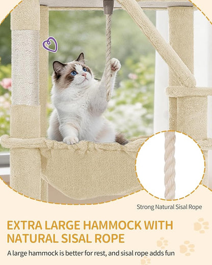 Large Cat Tree, 72 Inch Tall Indoor Cat Tower for 6 Large Cats, Corner Climbing Activity Pet Condo with 2 Large Platforms/2 Cats House/6 Scratching Post/1 Hanging Basket, Beige MS18318YG