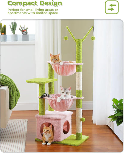 Pink Cat Tree, 47.6" Cat Tower with 2 Metal Frame Hammock, Cat Scratching Post for Indoor Cats with 2 Removable Pompom Sticks for Kittens, Pink