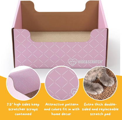 HIDE & SCRATCH Cat Scratcher Box and Cat Bed with Refillable Double-Sided Cardboard Scratch Pad for Indoor Cats