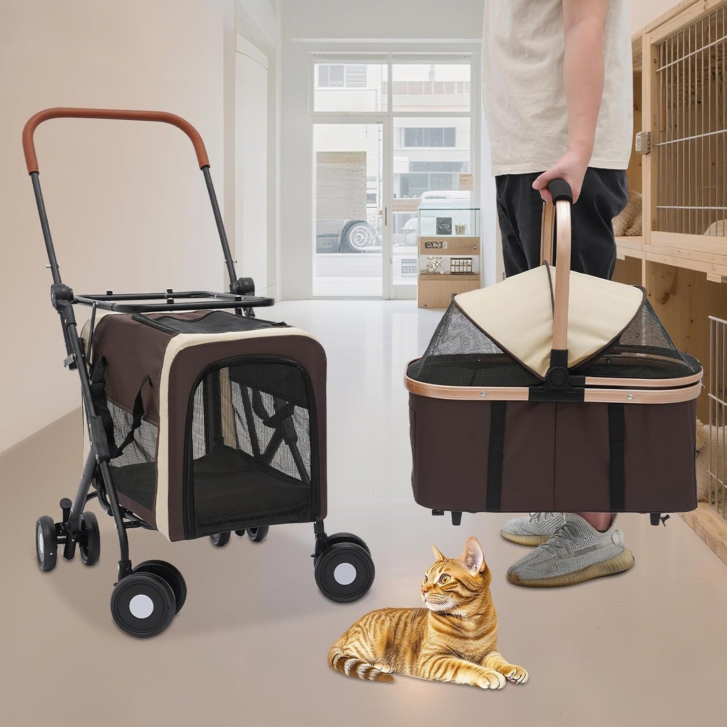 Foldable Pet Stroller for Small & Medium Dogs, Double Dog & Cat Stroller with 3-in-1 Travel System, Detachable Pet Carrier with Wheels for Cats and Dogs up to 77 lbs, Coffee Color - Pawvie