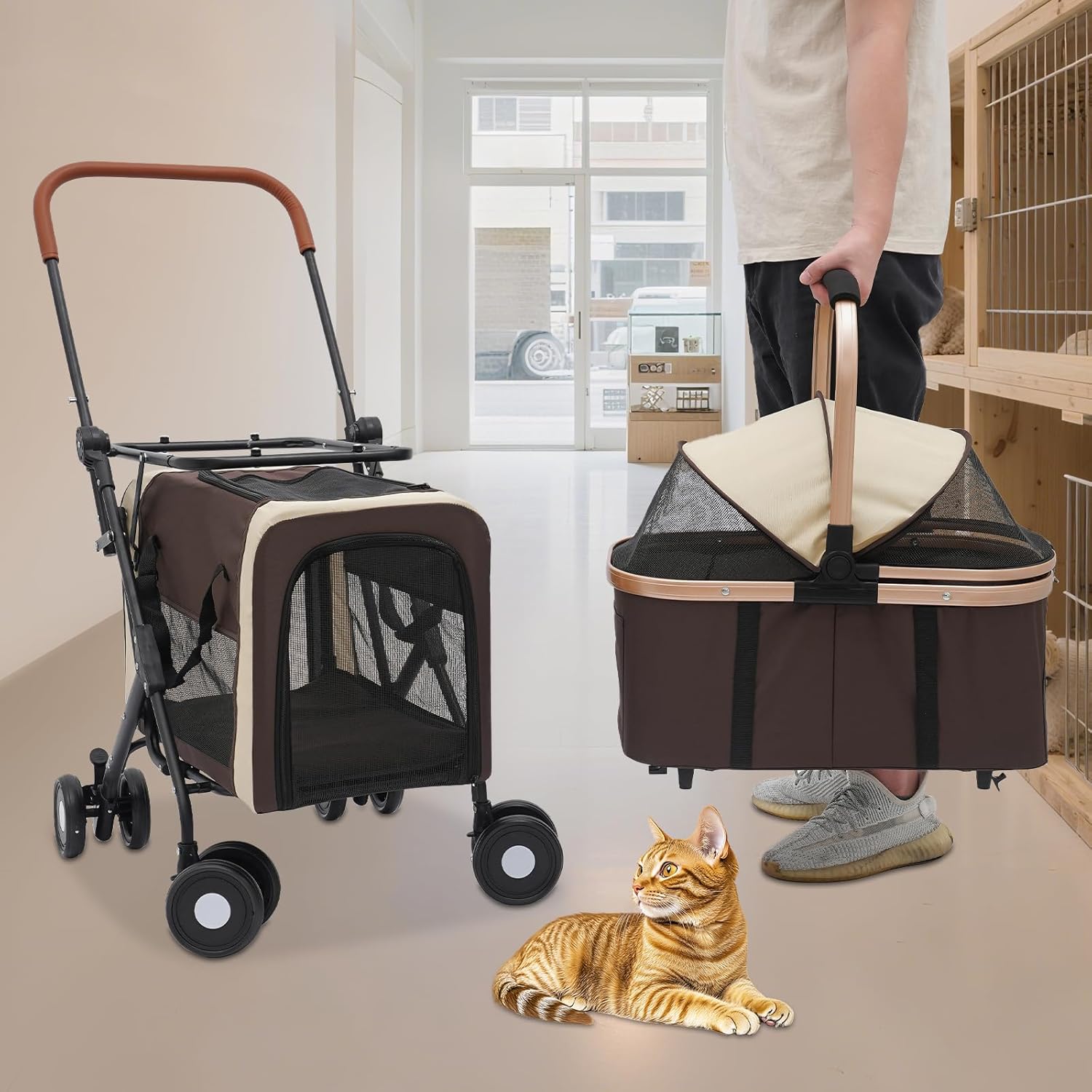 Foldable Pet Stroller for Small & Medium Dogs, Double Dog & Cat Stroller with 3-in-1 Travel System, Detachable Pet Carrier with Wheels for Cats and Dogs up to 77 lbs, Coffee Color - Pawvie