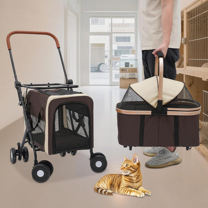Foldable Pet Stroller for Small & Medium Dogs, Double Dog & Cat Stroller with 3-in-1 Travel System, Detachable Pet Carrier with Wheels for Cats and Dogs up to 77 lbs, Coffee Color - Pawvie