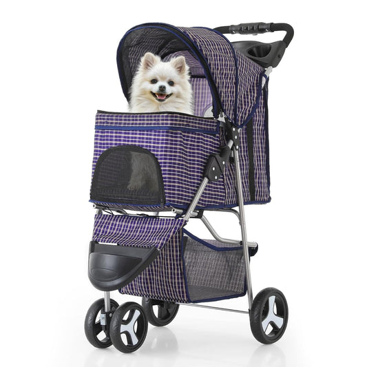 MoNiBloom 3 Wheels Pet Dog Cat Stroller for Small Medium Dogs Cats, Lightweight Foldable Jogger Stroller w/Storage Basket and Cup Holder, Plaid - Pawvie