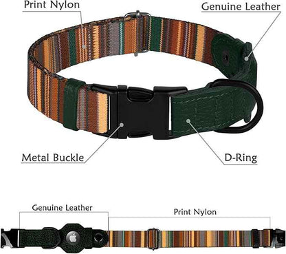 AirTag Dog Collar with Metal Buckle - Printed Nylon Soft Leather Dog Collar with Apple AirTag Holder - Secure Tracking GPS Pet Collars for Girl Boy Small Large Dogs (XL, 20"-25" Neck Fit, Striped)