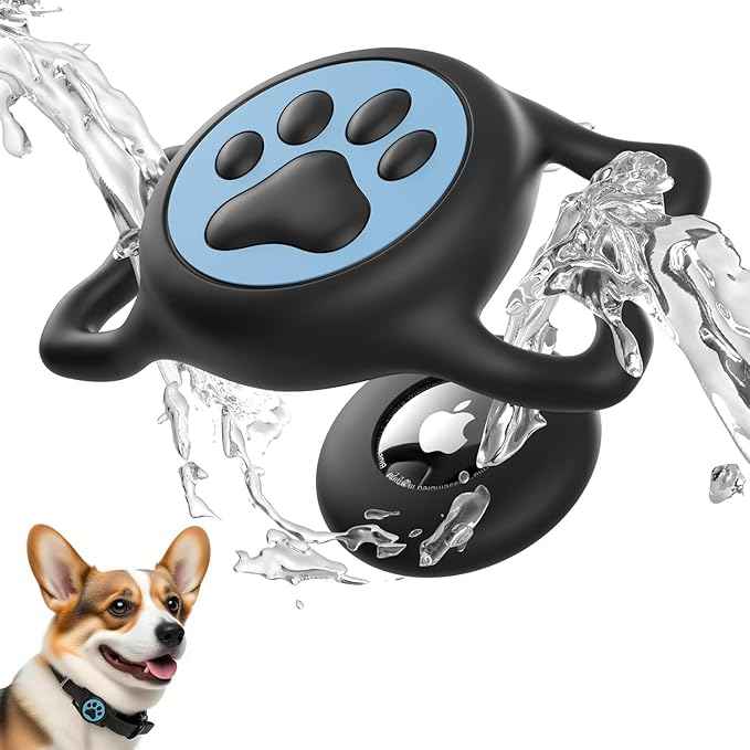 for Airtag Dog Collar Holder, Dog Airtag Holder Waterproof, Lightweight & Soft Silicone Air Tag Case for Pet Collars, Works with Multiple Tracker Tag Products (Black & Blue, 1 Pack)