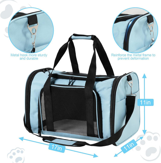Roaringkitty Travel in Style: Portable Pet Carrier for Small Pets up to 15 Lbs- Airline Approved, Collapsible & Comfortable cat/Puppy Soft Sided Bag (Blue)