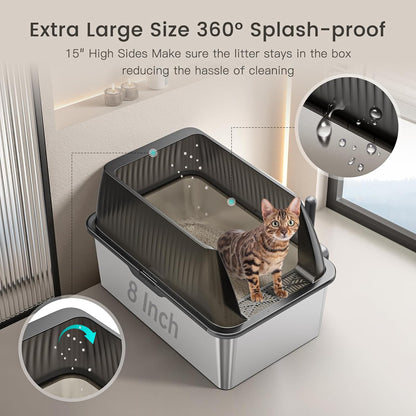 Tripamin 15” XL Stainless Steel Cat Litter Box Enclosure, XXL Stainless Steel High Sides with Lid, Extra Large Metal Cat Litter Box (Translucent Black, XX-Large)