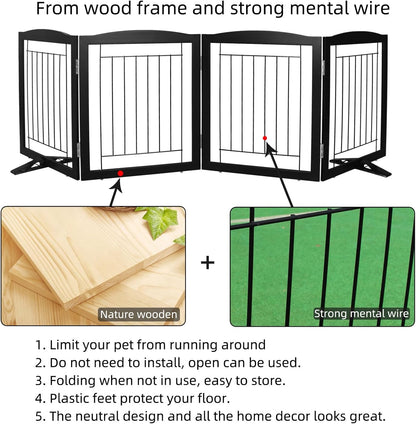 ZJSF Freestanding Dog Fence Indoor, Foldable Dog Gate for Doorways, Stairs or Hallways, Sturdy Wood Extra Wide Pet Gate with Support Feet for The House, Black, 24 "Height-4 Panels