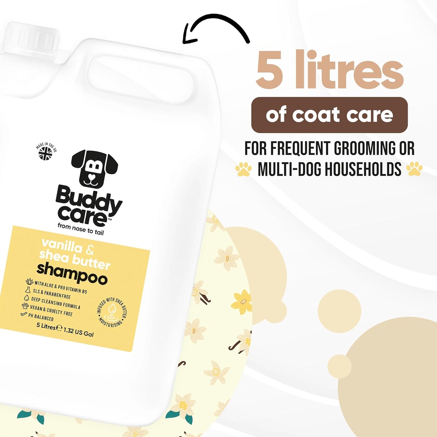 Vanilla & Shea Butter Dog Shampoo by Buddycare | Moisturising Shampoo for Dogs | Vanilla & Shea Butter Scented | with Aloe Vera and Pro Vitamin B5 (169.07oz)