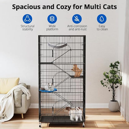 PawGiant 6-Tier Large Cat Cage Playpen, 72-inch Indoor/Outdoor Enclosure with 3 Doors, Hammock, Suitable for Cats, Kittens, and Small Animals