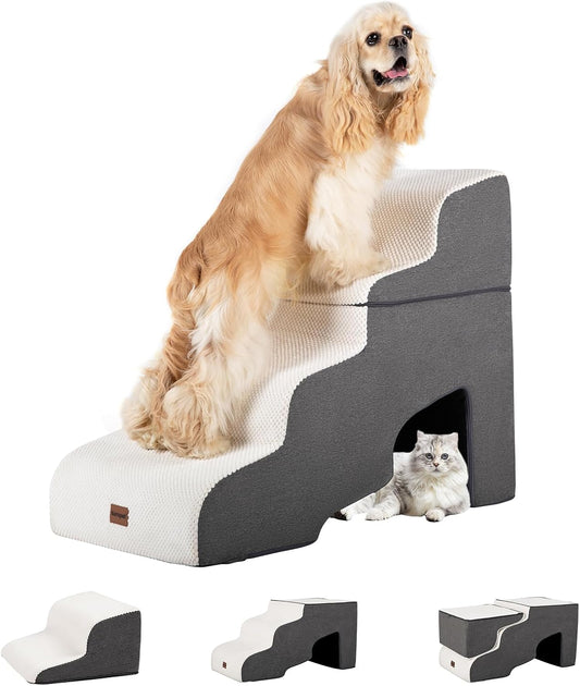 Dog Stairs for High Beds with Tunnel, 4-Step Dog Steps for Small Dogs and Cats, Foldable Pet Stairs for High Bed Climbing, Non-Slip Balanced Pet Step Indoor, Beige - Pawvie