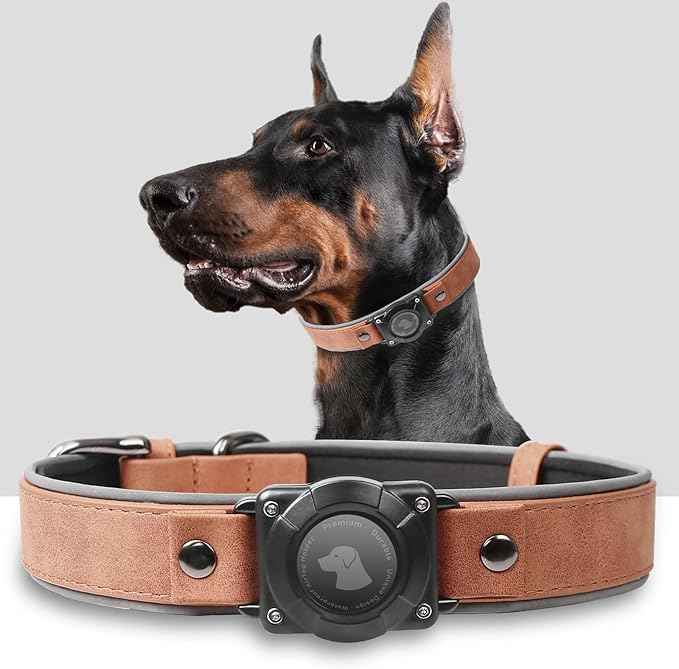 Leather AirTag Dog Collar, Waterproof Dog Collar with Air Tag Holder, Compatible with Apple Air Tag, Reflective, Durable, Comfortable Padded GPS Dogs Collars (MahoganyBrown, L)
