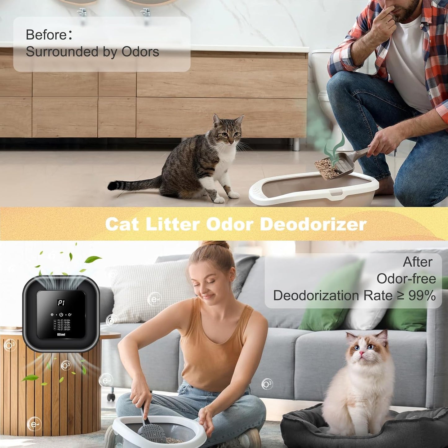 Cat Litter Deodorizer – 99% Odor Removal, Ozone Air Purifier for Pets, Strong Odor Eliminator for Litter Box, Toilet, Closet, Cabinet, Shoe, Garage, Small Room – Black