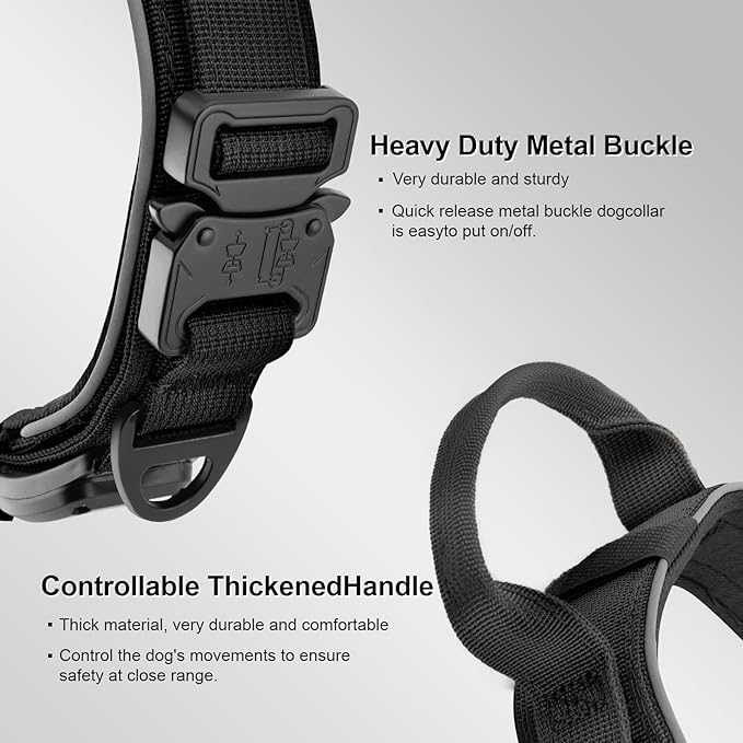 2026 Upgrade Dog Collar with IPX8 Waterproof AirTag Holder,Military Tactical Comfortable Control Handle and Ultra-Durable Metal Buckle/Night Reflective,GPS Collar for Medium to Large Dogs（Black/L）