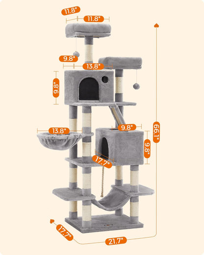 Feandrea Cat Tree, 66.1-Inch Large Cat Tower with 13 Scratching Posts, 2 Perches, 2 Caves, Basket, Hammock, Pompoms, Multi-Level Plush Cat Condo for Indoor Cats, Light Gray UPCT165W01