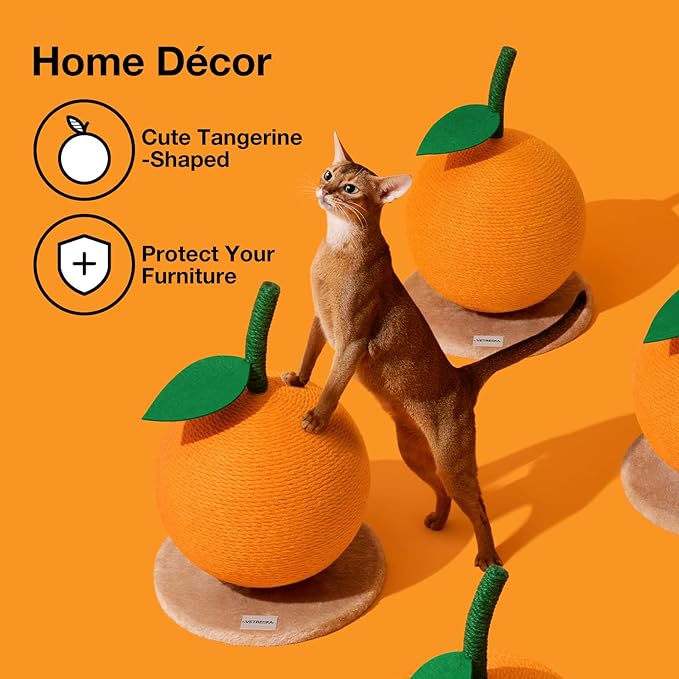 VETRESKA Orange Cat Scratching Post, Cute Cat Scratcher with Jute Rope, Vertical Cat Scratch Post for Indoor Cat and Kitten, Cat Scratching Ball