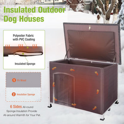 GUTINNEEN Large Insulated Dog House for Winter Outdoor Dog Kennel with Anti-Chewing Metal Frame for Medium to Large Dogs,Grey and White