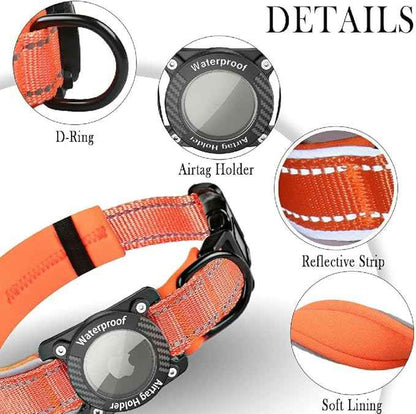 Upgraded AirTag Dog Collar, IP68 Waterproof Dog Collar with Apple Air Tag Holder, Reflective Adjustable Heavy Duty Dog Collars with Soft Padded for Small, Medium and Large Dogs,Orange, XL