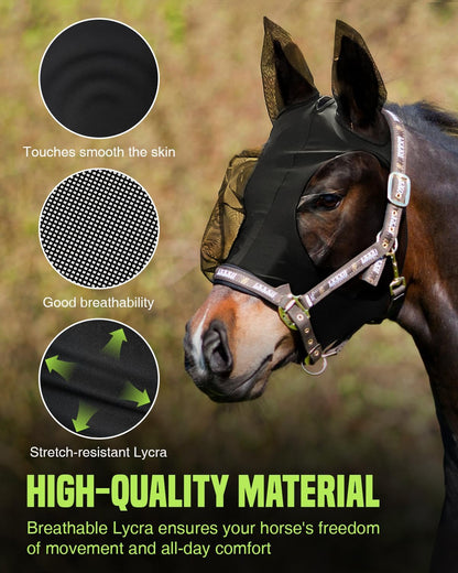 JWODVNTH Fly Masks for Horses with Ears - Large Eye Space, Comfort, UV-Block - Horse Fly Mask for Daily Stable, Hot Weather Riding, and Competition - Cob, Black