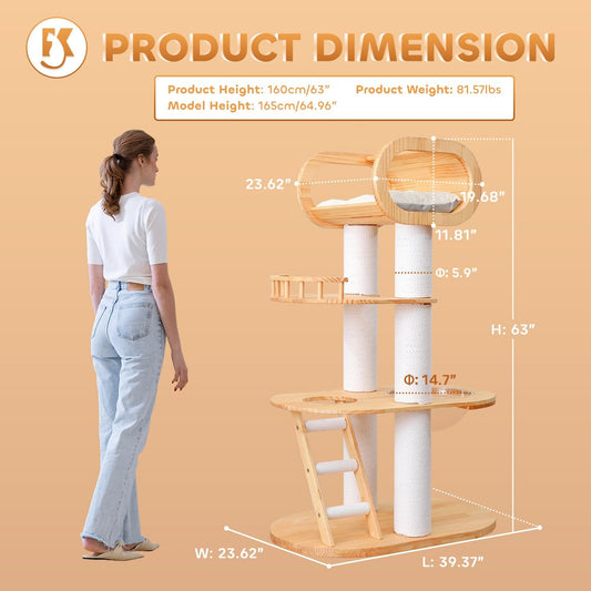 63.6'' Modern Cat Tree Indoor, Solid Wood Cat Tree with Scratching Post for Multi-Cat Families, Tall Cat Tower with Auxiliary Stairs, Huge Condo for Large Cats