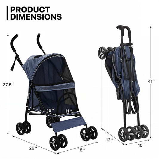 MoNiBloom 4 Wheels Pet Stroller, Easy-Fold Puppy Cage Jogger Stroller with Sun Cover, Pad and Rear Storage Bag, Breathable and Visible Mesh for Small/Medium Pets up to 22 lbs, Navy Blue - Pawvie