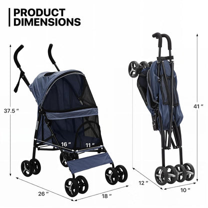 MoNiBloom 4 Wheels Pet Stroller, Easy-Fold Puppy Cage Jogger Stroller with Sun Cover, Pad and Rear Storage Bag, Breathable and Visible Mesh for Small/Medium Pets up to 22 lbs, Navy Blue - Pawvie
