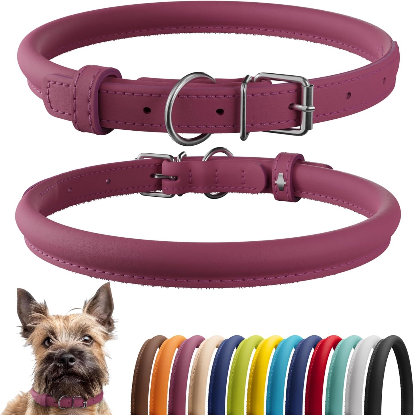 CollarDirect Rolled Leather Dog Collar, Soft Padded Round Puppy Collar, Handmade Genuine Leather Collar Dog Small Large Cat Collars 13 Colors (6-7 Inch, Pink Smooth)