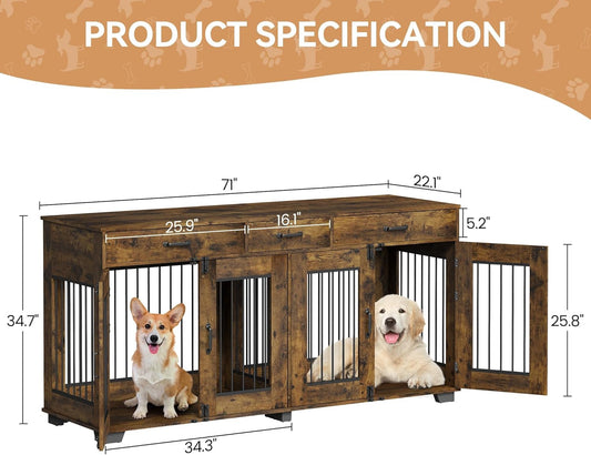 Dog Crate Furniture for 2 Dogs, 71 in XXL Indoor Dog Kennel with 3 Drawers and Removable Room Divider, Wooden Double Dog Crate TV Stand End Table with Double Doors for Large Medium Dogs, Rustic Brown