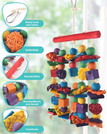 Bird Toys, 3PCS Parrot Foraging Hanging Toy, Multicolored Natural Wooden Blocks Parakeet Chewing Toys mit Rattan Wicker Balls, for Medium Small Cockatoos Budgie Lovebird Cockatiel Conure