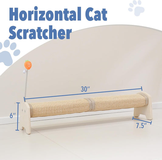Cat Scratching Post, 30" Horizontal Sisal Scratch Post for Indoor Cats, Durable Cat Furniture Protector with Spring Toy