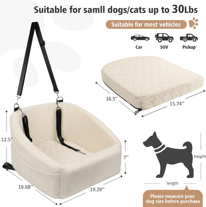 Dog Car Seat for Small Medium Dogs,Detachable Washable Dog Booster Seat Under 30lbs, Pet Car Seat Travel Bed with Storage Pockets and Dog Safety Belt (White) - Pawvie