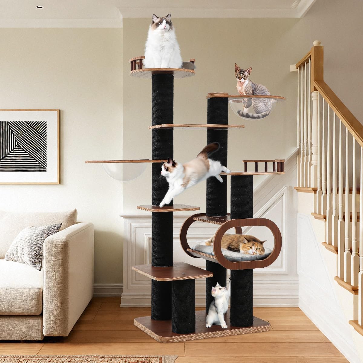 70.9'' Black Cat Tree for Indoor Cats Large Adult, Heavy Duty Cat Tower with Scratching Post, Modern Kitty Tree with Removable Mats, Semi-closed Condo and Transparent Bowl, Wooden Luxury Cat Furniture
