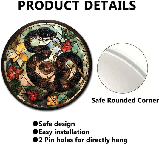 Lygond Metal Tin Sign - Circular Stained Glass Snake Vintage Sign for Garden - 8x8 Inches