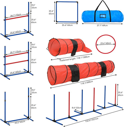 YITAHOME Dog Agility Training Equipment Set with 2 Flexible Tunnels, 2 Hurdles, Jump Ring, 6 Weave Poles, Pause Platform, Teaser Pole, 3 Flying Discs, and Carry Bags for Indoors Outdoors, Orange/Blue