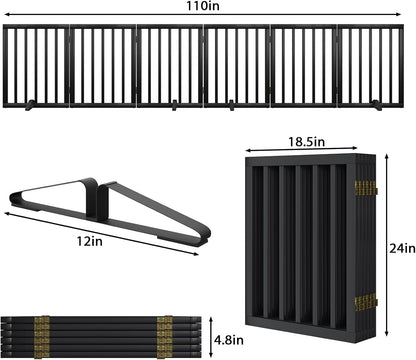 Extra Wide Dog Gate 110 inches Wide, Freestanding Pet Gate for The House Doorway, Pet Puppy Barrier, Support Feet Included, Black,6 Panels