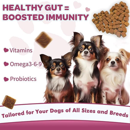 NATURE TARGET Probiotics for Dogs & Digestive Enzymes for Digestive Health - Plus Fish Oil & Vitamins Supplement for Allergies & Immune & Itchy Skin, 120 Chicken Flavor Probiotic Soft Chews
